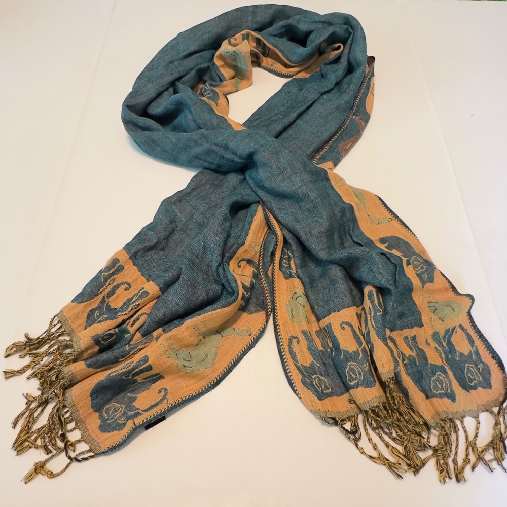 Dimri Teal Orange‎ Rayon Elephant Print Fringed Scarf Wrap Made in India Boho